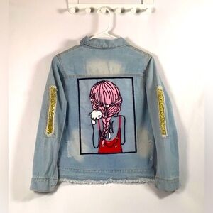 Girl Holding Cat Sequin Jean Jacket